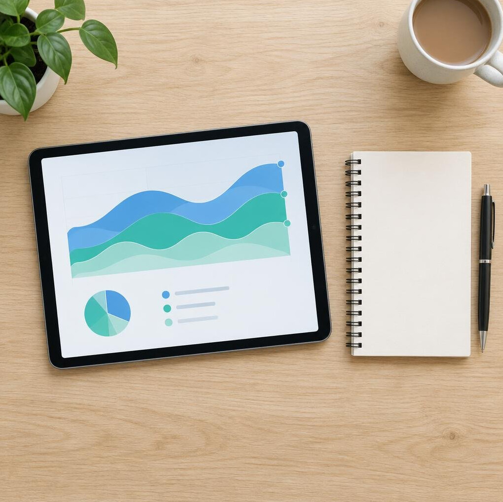 Tablet and notebook on a light desk with a pen