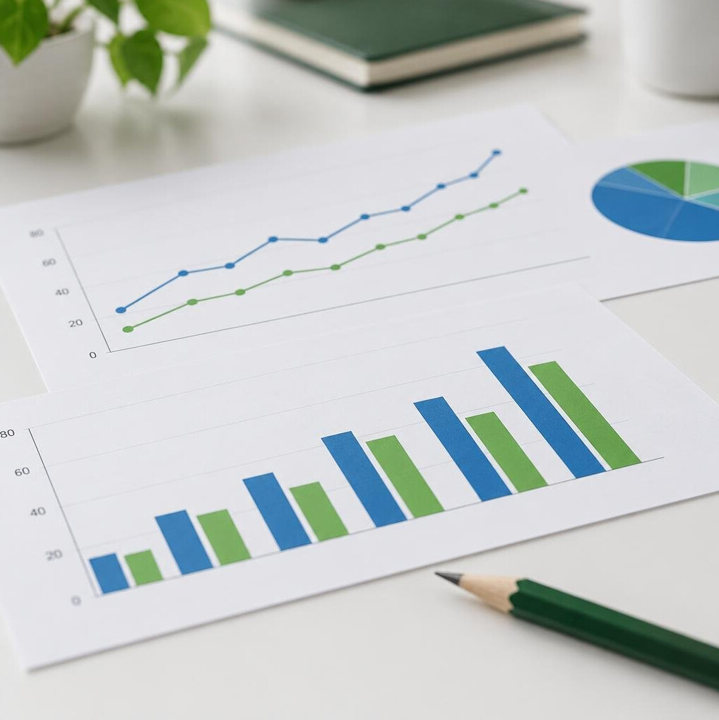 Abstract bar chart shapes in blue and green on paper