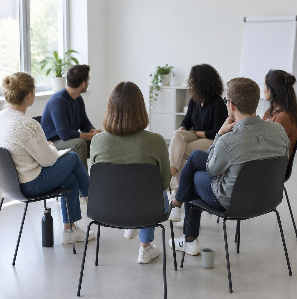 Group of people seated in a circle in a bright room seen from behind