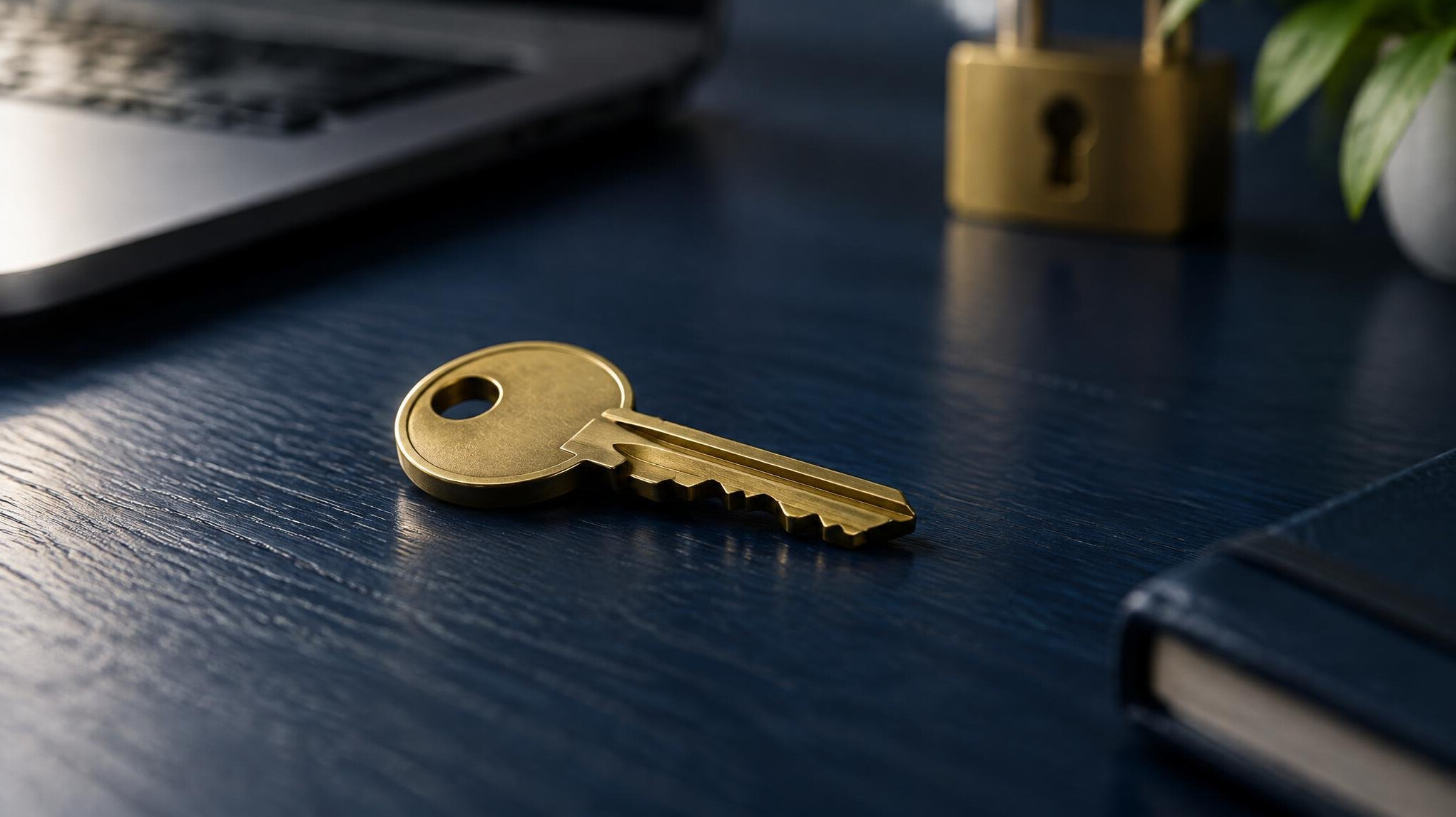 Close-up of a brass key on a dark blue desk